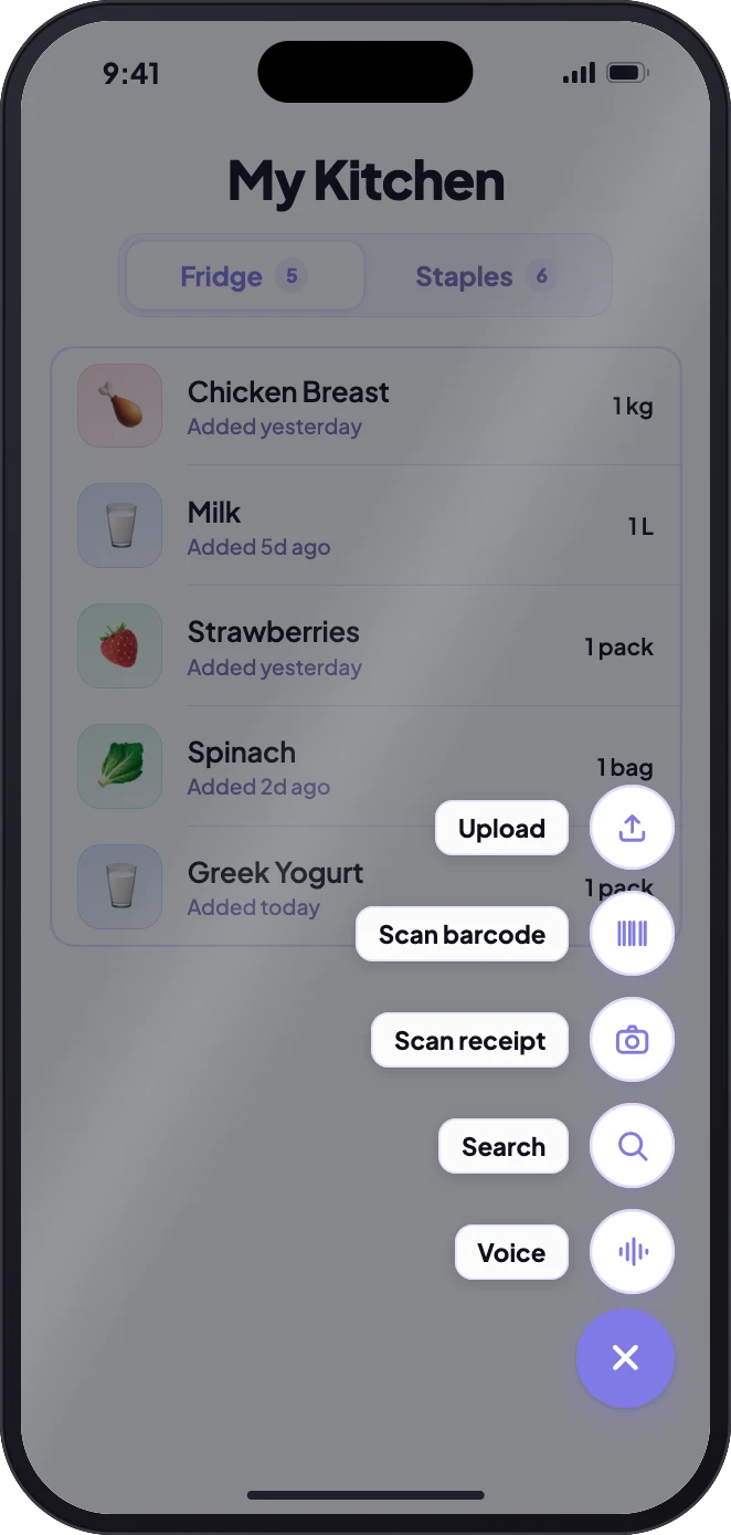 Stovah add menu open over My Kitchen, with Upload, Scan barcode, Scan receipt, Search and Voice options