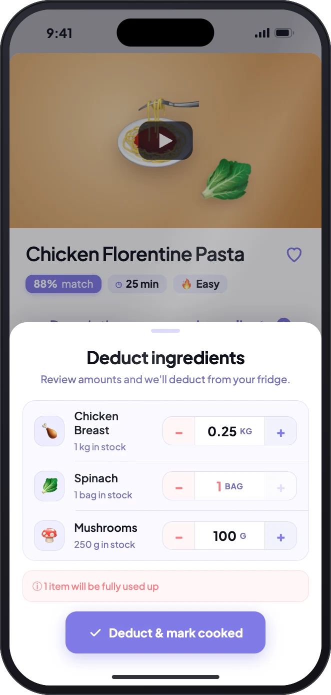 Stovah Deduct ingredients sheet: chicken breast 0.25 kg, spinach 1 bag, mushrooms 100 g, with a note that 1 item will be fully used up and a Deduct and mark cooked button