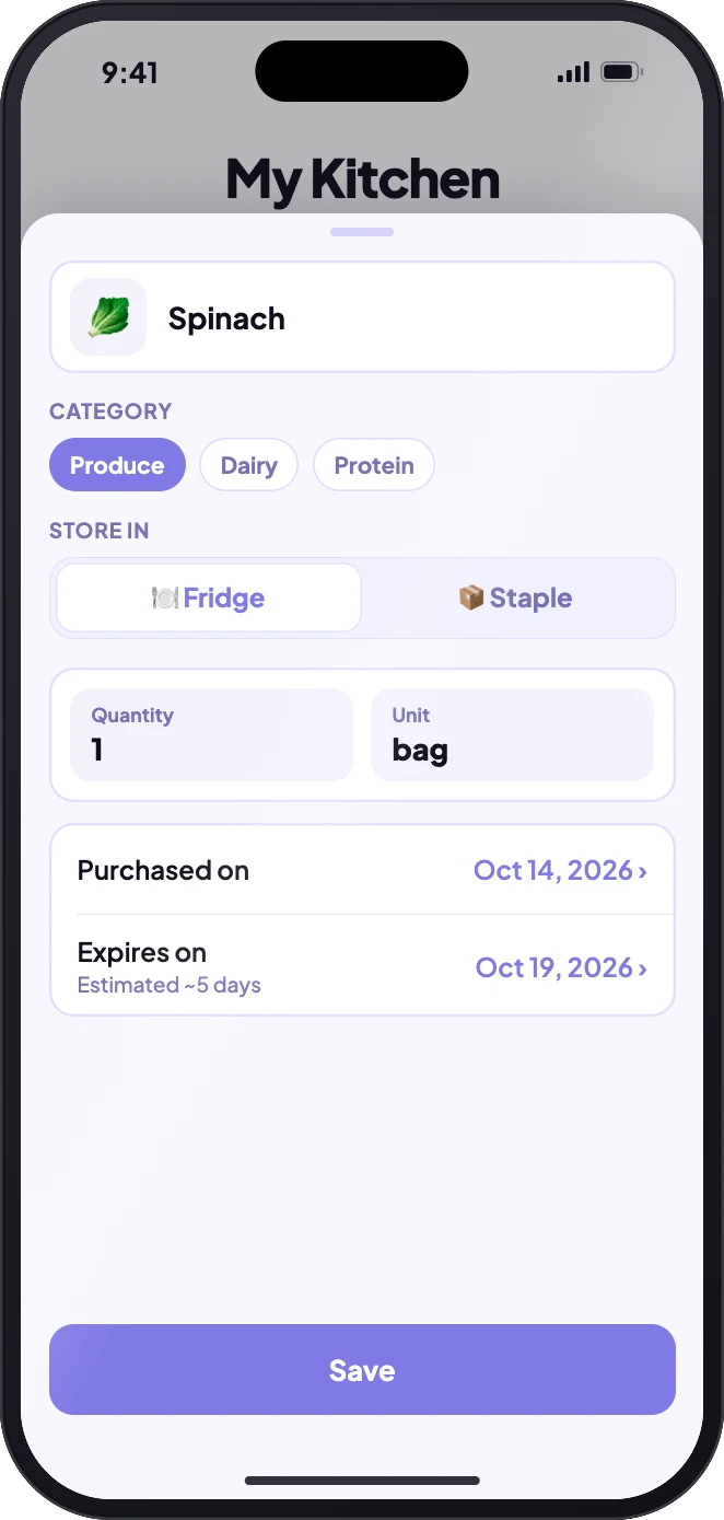 Stovah item sheet for spinach: category, store in Fridge, quantity 1 bag, purchased Oct 14, expires Oct 19, estimated about 5 days