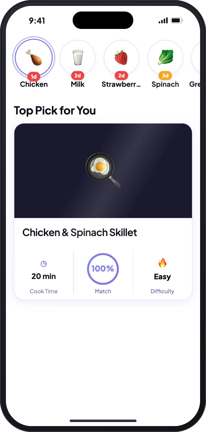 Stovah Home screen: freshness strip with chicken 1 day, milk and strawberries 2 days, spinach 3 days, and a Top Pick recipe, Chicken and Spinach Skillet, at 100% match