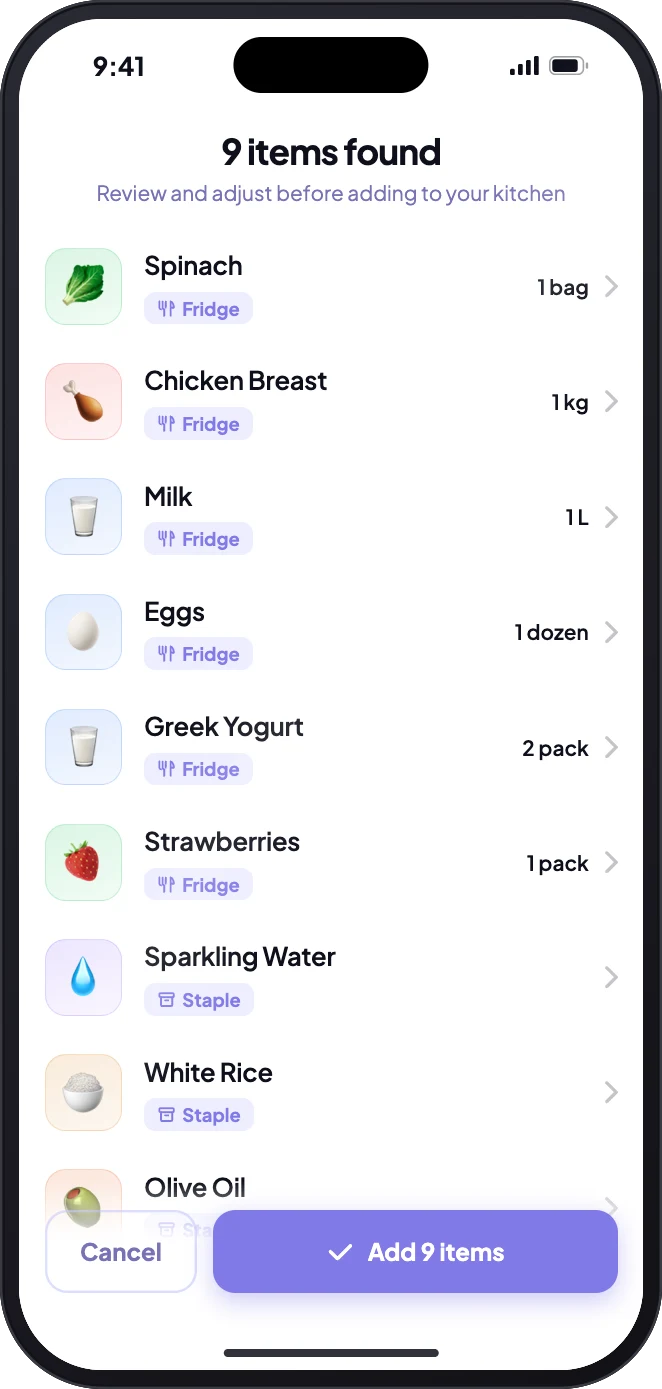 Stovah review screen after scanning a receipt: 9 items found, each tagged Fridge or Staple, with an Add 9 items button