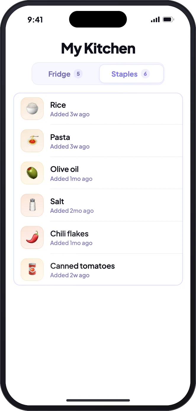 Stovah My Kitchen screen, Staples tab, listing rice, pasta, olive oil, salt, chili flakes and canned tomatoes